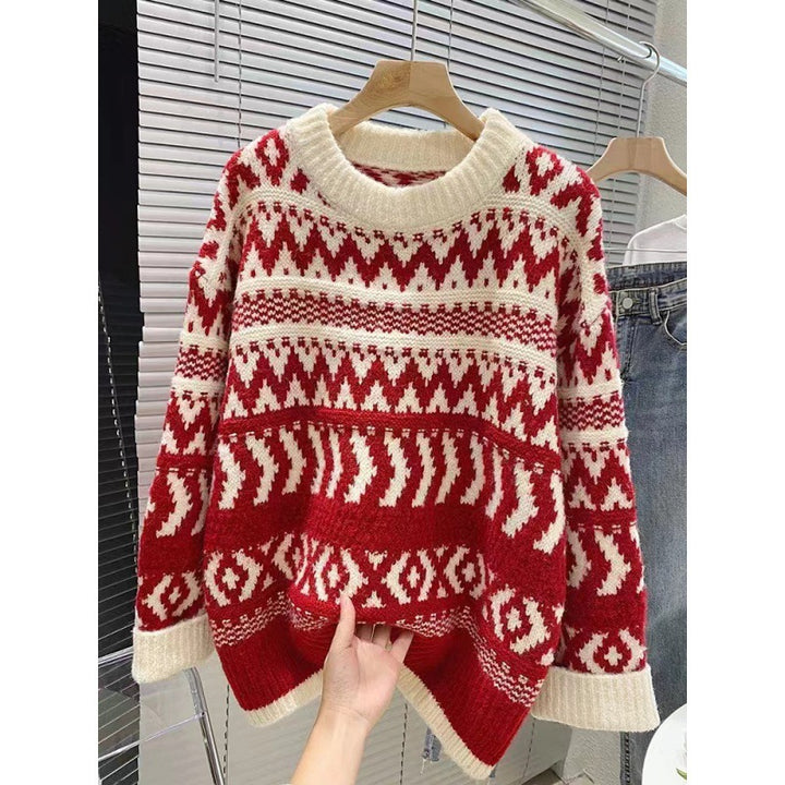 Damen gemütlicher Norwegerpullover mit dekorativem Muster und voluminösen Ärmeln Drune