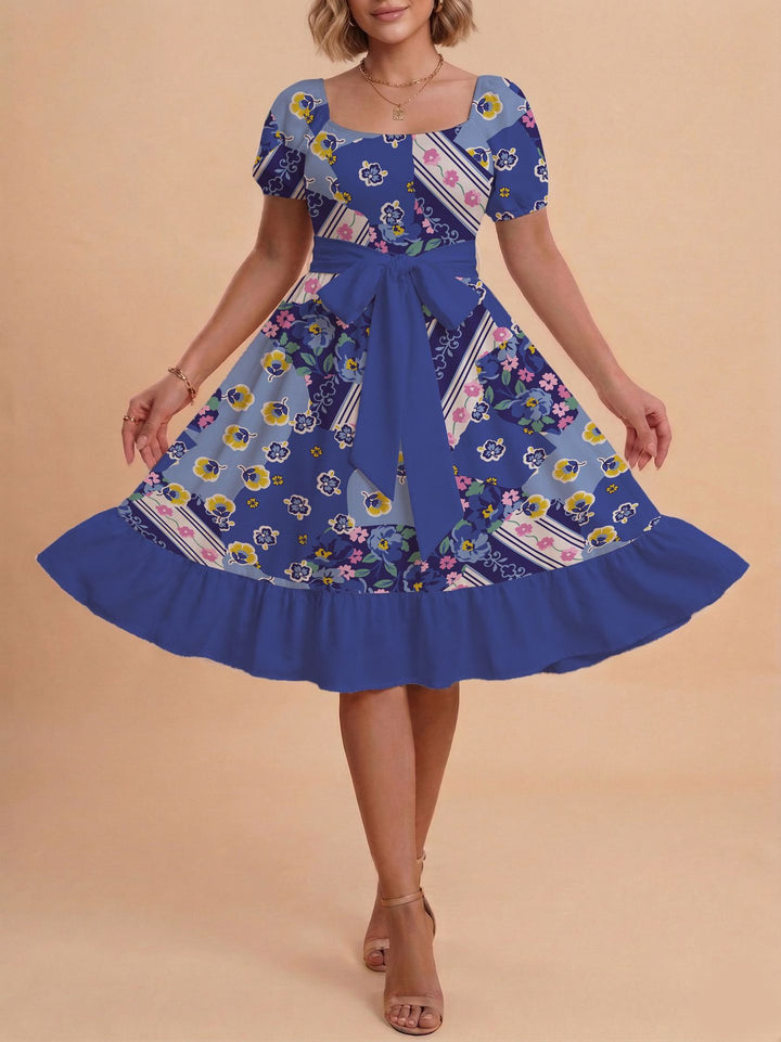 Damen Retro Maxikleid mit Puffärmeln und Taillengürtel Drune