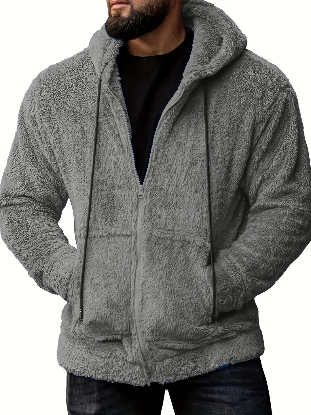 Herren nan Teddyplüsch Zip-Hoodie mit übergroßer Kapuze, verdecktem Reißverschluss und Eingrifftaschen Drune
