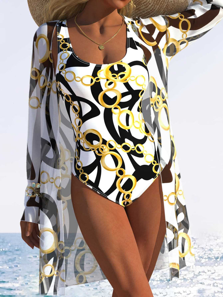 Damen eleganter Einteiler Badeanzug mit transparentem Überwurf und modernem Ringdesign Drune
