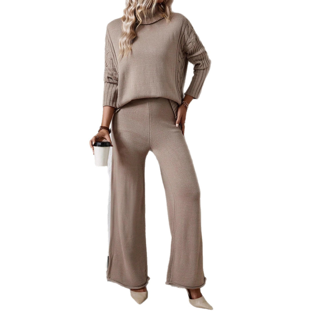 Damen Stilvolles Strickset mit hohem Kragen und weiter Hose Drune
