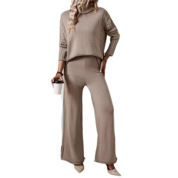 Damen Stilvolles Strickset mit hohem Kragen und weiter Hose Drune