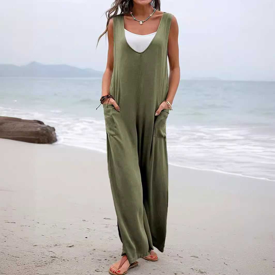 Damen Lässiger weite Jumpsuit mit V-Ausschnitt und praktischen Taschen Drune