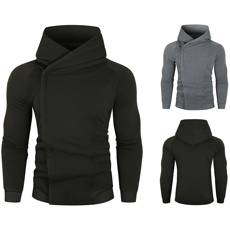 Herren nan asymmetrischer Kapuzenpullover mit Wickelkragen und verdeckter Knopfleiste, schlanke sportive Passform Drune