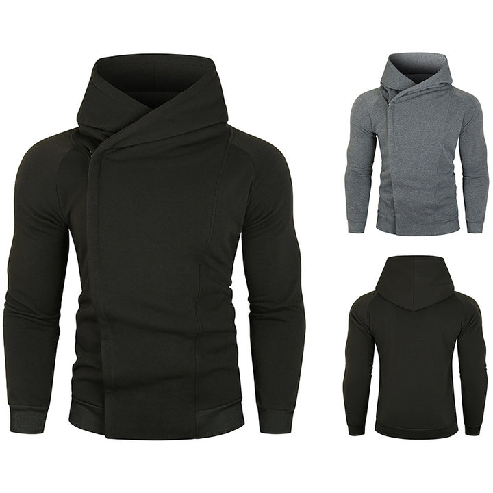 Herren nan asymmetrischer Kapuzenpullover mit Wickelkragen und verdeckter Knopfleiste, schlanke sportive Passform Drune
