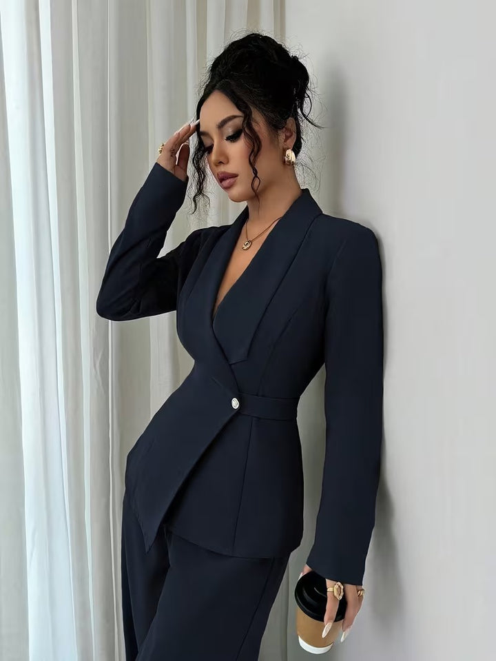 Damen nan taillierter Businessblazer mit Schalkragen, Gürtelbund und Ein-Knopf-Verschluss Drune
