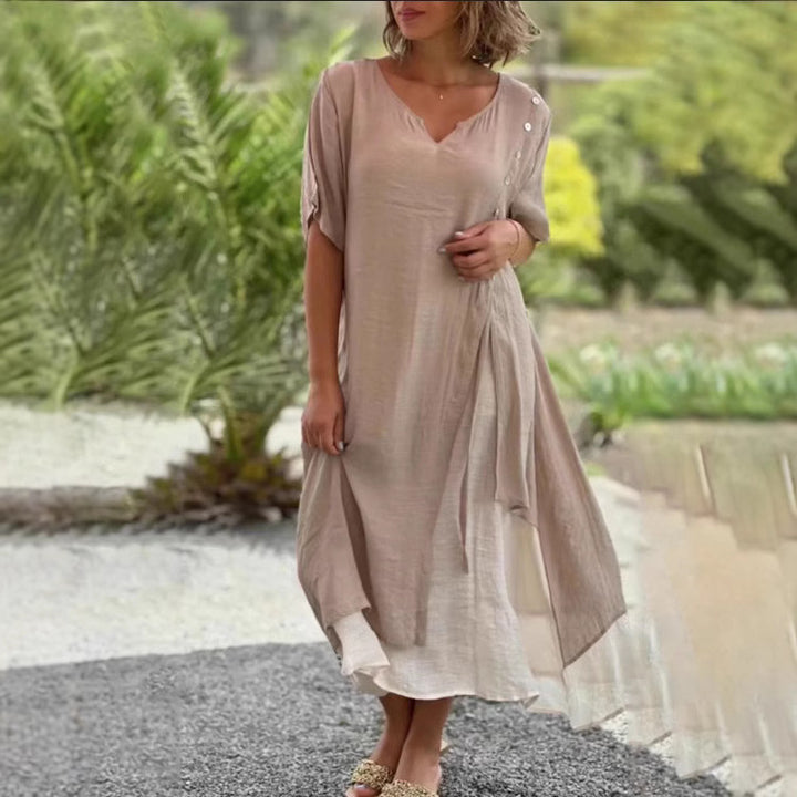 Damen nan zweilagiges Hemdkleid mit asymmetrischem Lagenrock, seitlicher Zierknopfleiste und Tunnelzug Drune