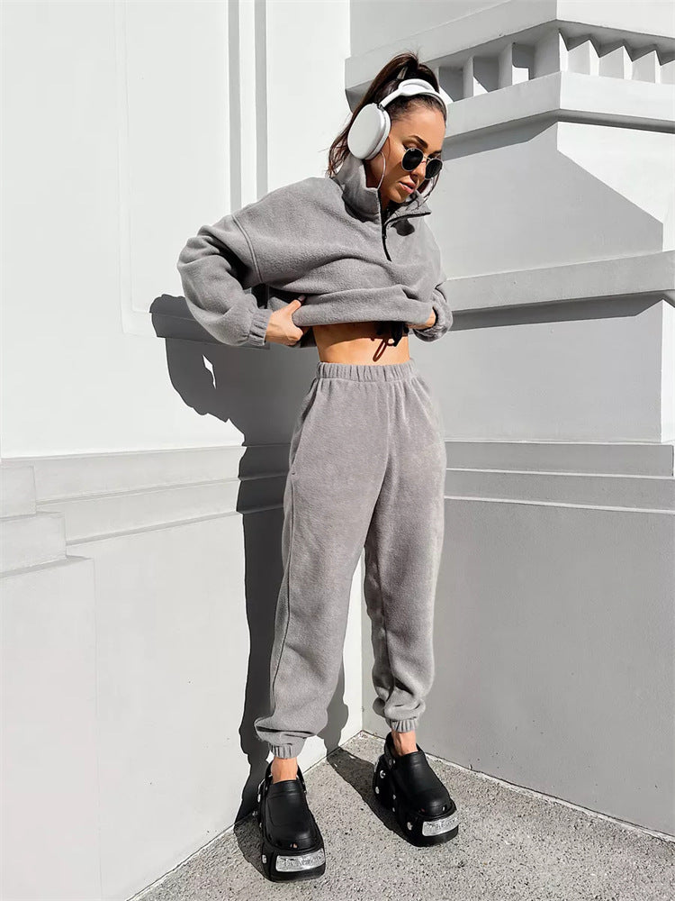 Damen Fleece-Lounge-Set mit hochschließendem Kragen und verstellbarem Bund Drune