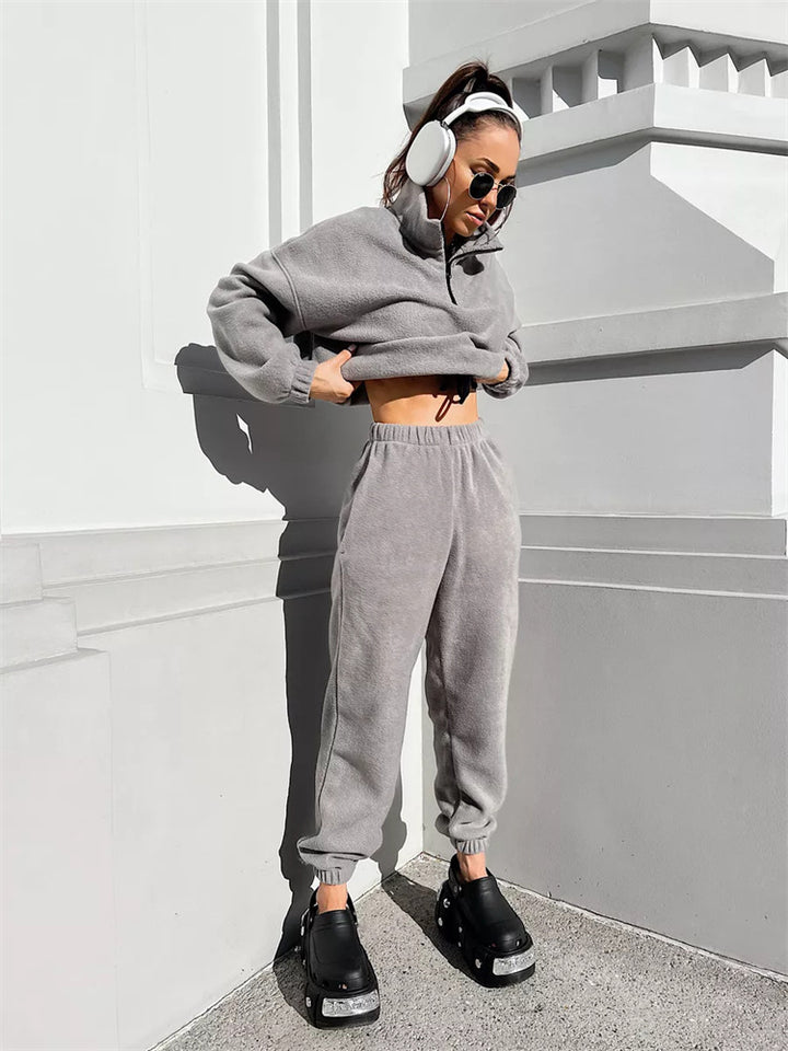 Damen kuscheliger Fleece-Jogginganzug mit Stehkragen und Kordelzug Drune
