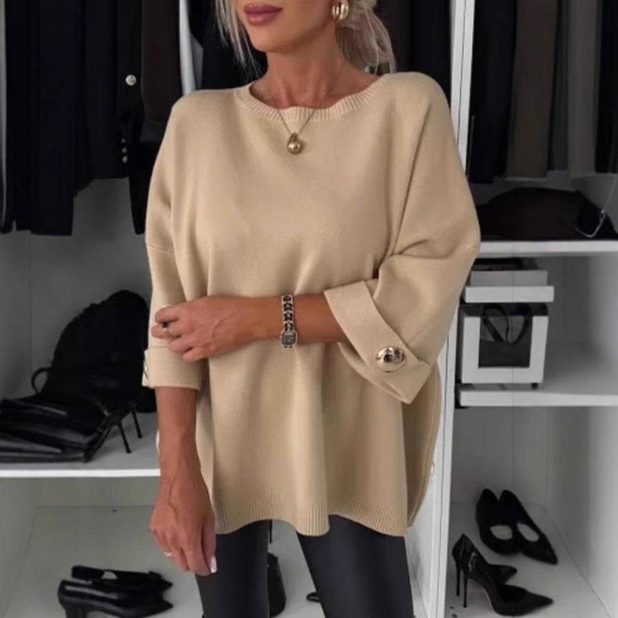 Damen lässiger Strickpullover mit modischen Knopfdetails Drune