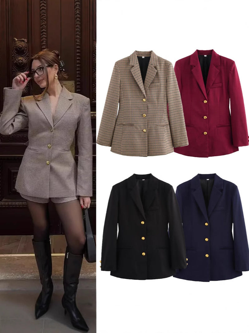 Damen karierten Blazer mit goldenen Knöpfen und praktischen Taschen Drune