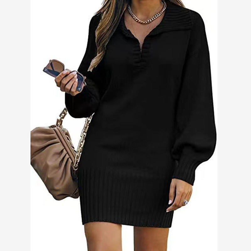 Damen nan schulterfreies Strickminikleid mit weitem V-Ausschnitt und Rippbund Drune