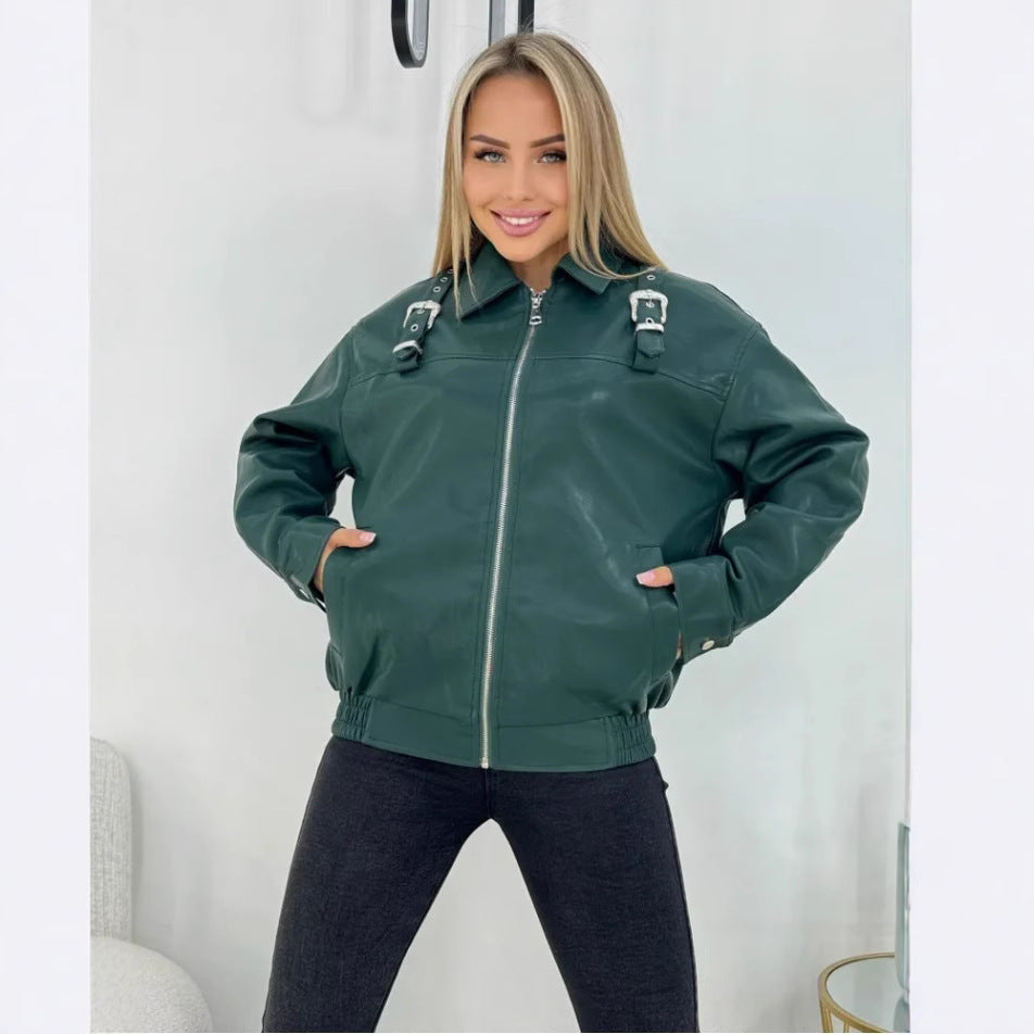 Damen modische Kunstlederjacke im lässigen Stil mit dekorativen Details Drune