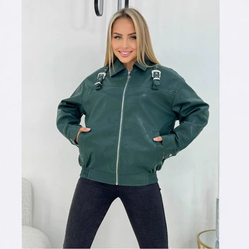 Damen modische Kunstlederjacke im lässigen Stil mit dekorativen Details Drune