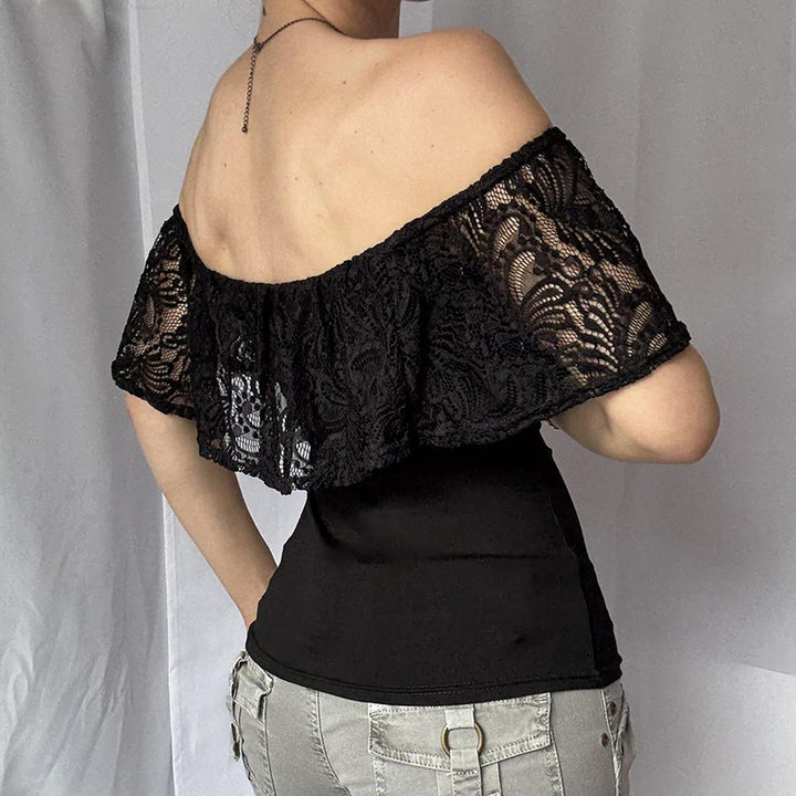 Damen Off-Shoulder Spitze Oberteil Drune