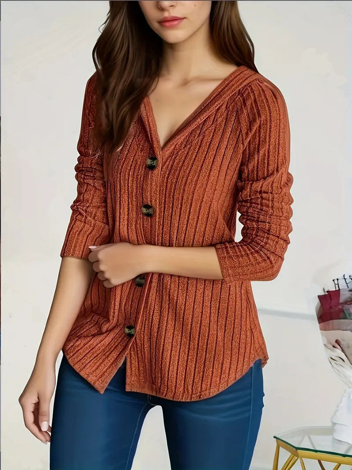 Damen nan kaschierender gerippter Strickcardigan mit V-Ausschnitt und dekorativen Knöpfen Drune