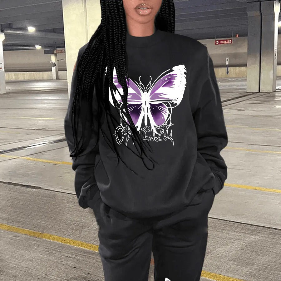 Damen Sweatshirt und Jogginghose Set mit kreativem Schmetterlingsdesign Drune
