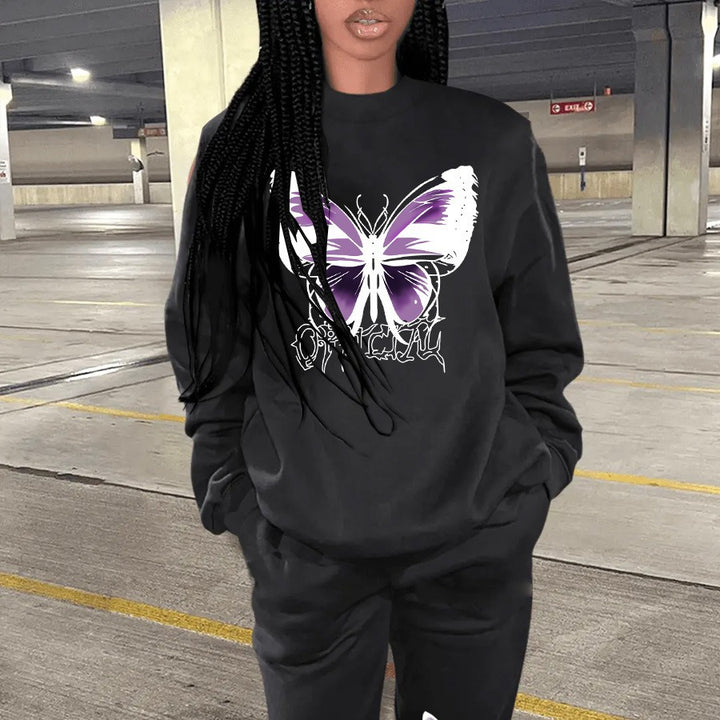 Damen Sweatshirt und Jogginghose Set mit kreativem Schmetterlingsdesign Drune