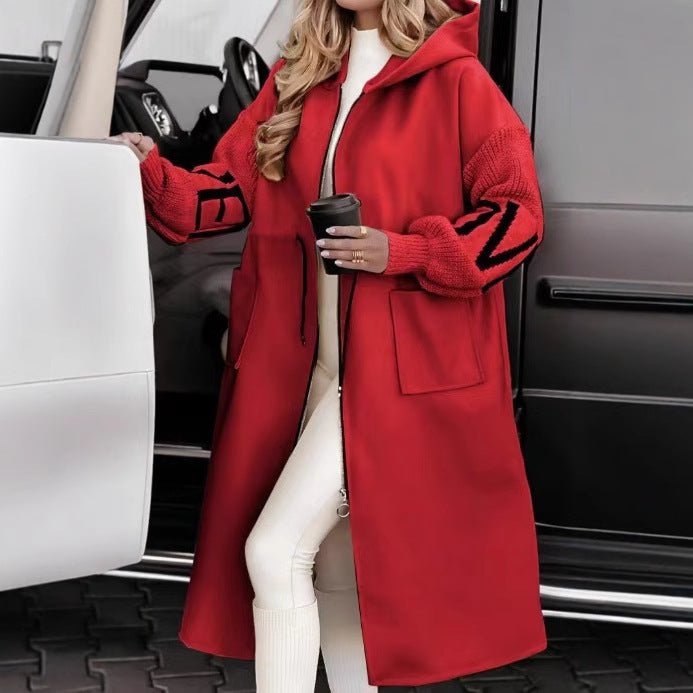 Damen Modische Longjacke mit Kapuze und Taschen Drune