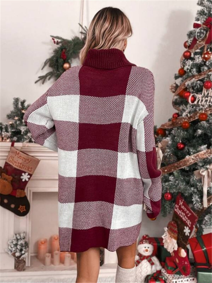 Damen Strickkleid mit hohem Kragen und Karomuster Drune