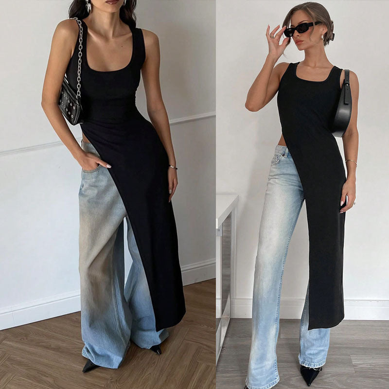 Damen Langarm-Umstands-Tunika mit asymmetrischem Schnitt und stylischen Denim-Elementen Drune