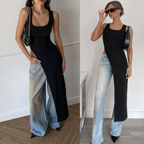 Damen Langarm-Umstands-Tunika mit asymmetrischem Schnitt und stylischen Denim-Elementen Drune