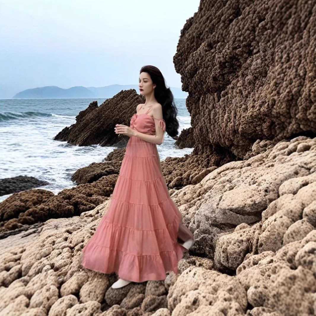 Damen Maxikleid mit rüschendem Design und schulterfreien Trägern Drune
