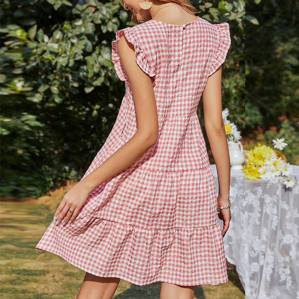 Damen ärmelloses Karo-Kleid mit ausgestelltem Rock Drune