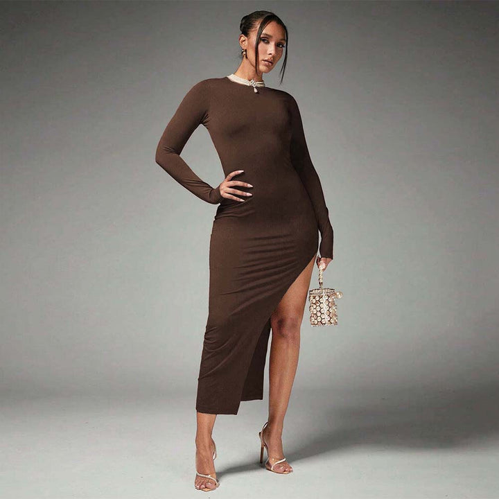Damen elegantes Maxikleid mit langem Arm und seitlichem Schlitz Drune