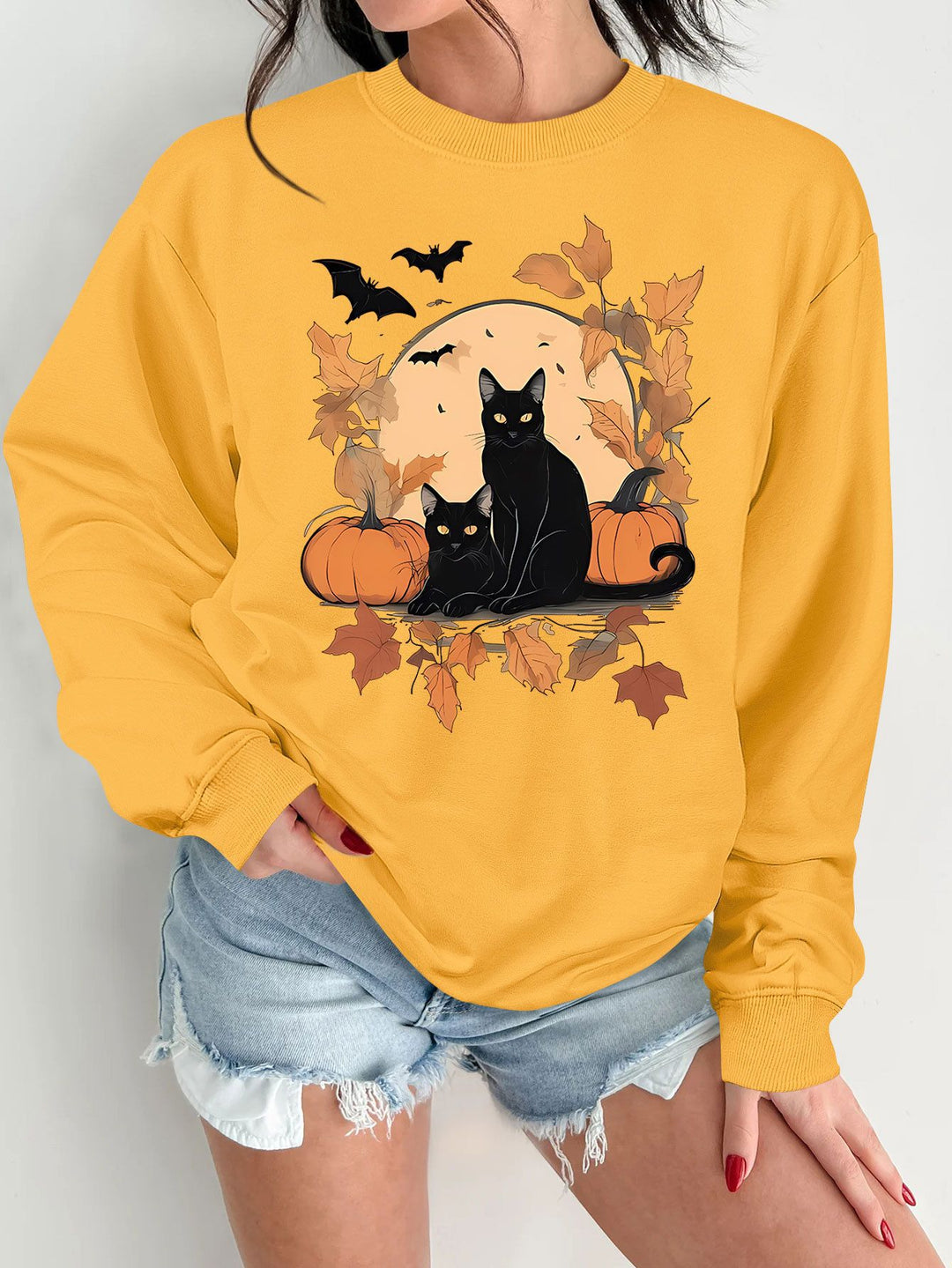 Damen Sweatshirt mit herbstlichem Katzen- und Kürbisdesign Drune