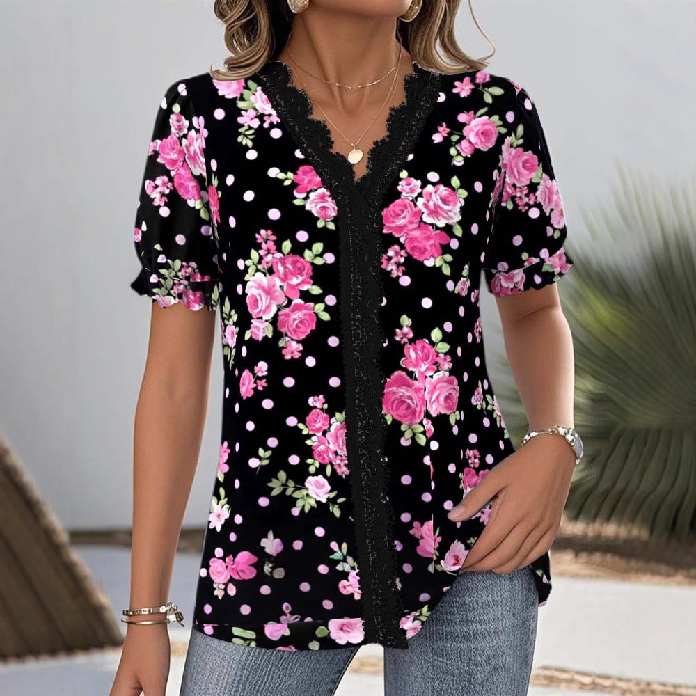 Damen nan V-Ausschnitt-Bluse mit Spitzenborte, Puffärmeln und floralem Punktmuster Drune