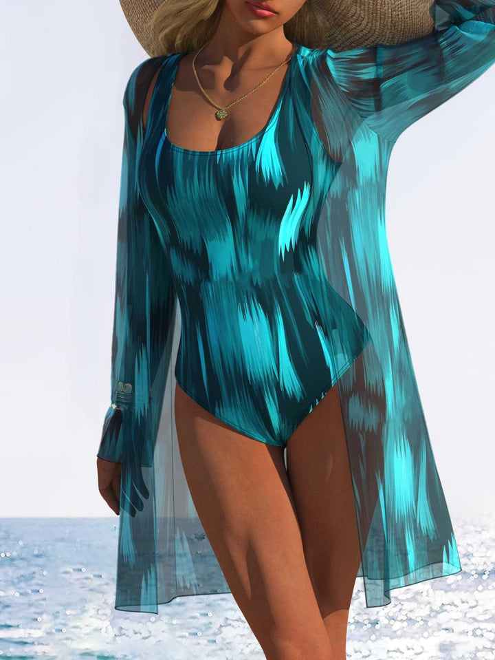 Damen Einteiliger Schwimmanzug mit transparentem Überwurf und modernem Wellenmuster Drune