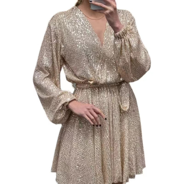 Damen Glitzerndes Mini-Kleid mit V-Ausschnitt und eleganten Puffärmeln Drune