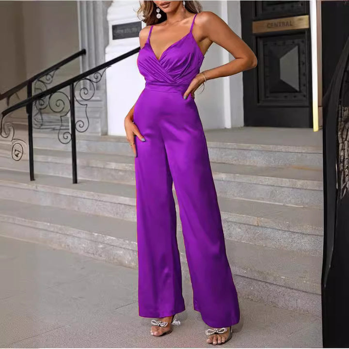 Damen Eleganter Jumpsuit mit Wickeloberteil und langen, geraden Beinen Drune