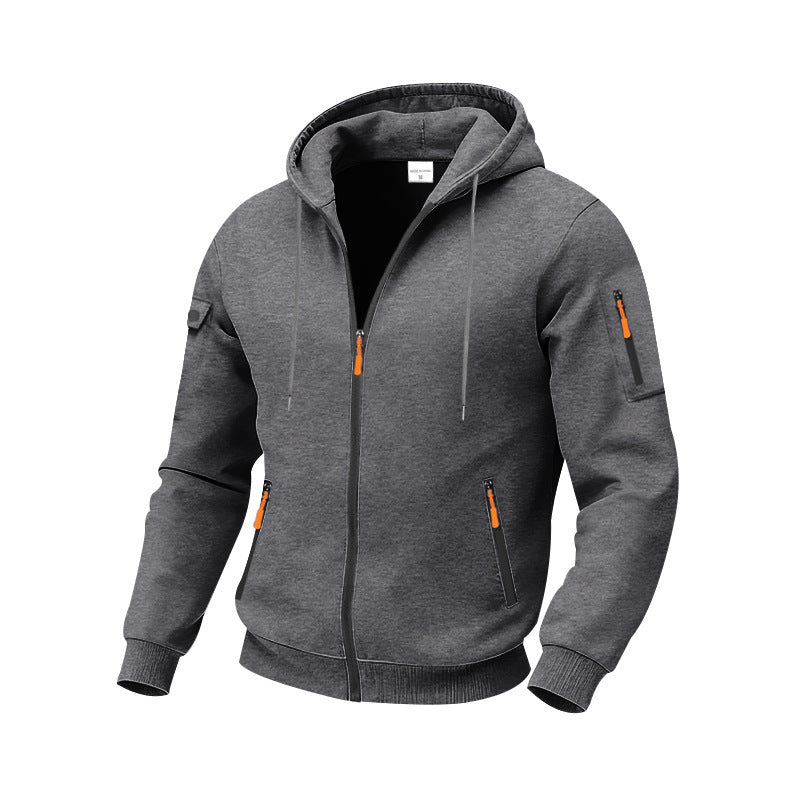Herren nan funktionale Kapuzen-Sweatjacke mit durchgehendem Reißverschluss, Ärmeltasche und wasserabweisenden Reißverschlüssen Drune