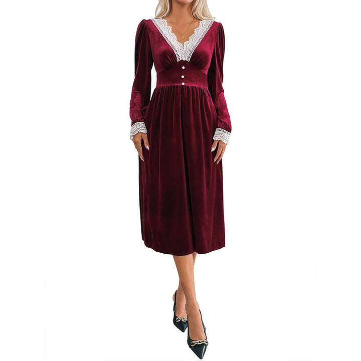 Damen elegantes Samtkleid mit Spitzenapplikationen und Knopfdetails Drune