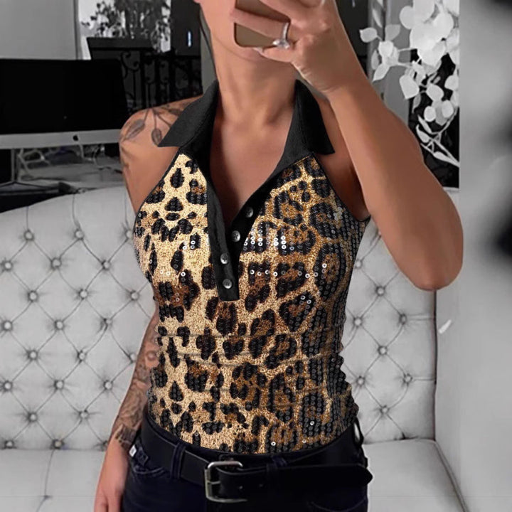Damen Poloshirt mit funkelnden Pailletten und auffälligem Leopardenmuster Drune