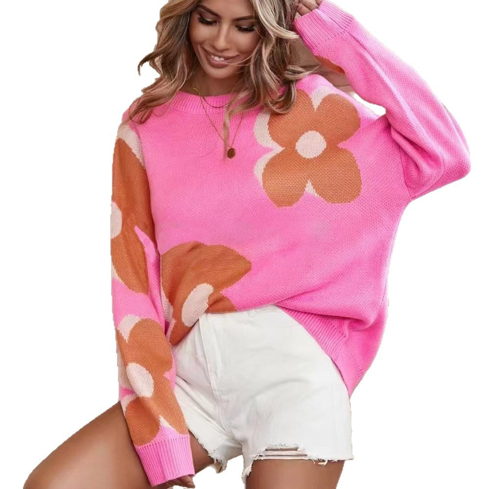 Damen Pullover mit floralem Muster und klassischem Rundhalsausschnitt Drune