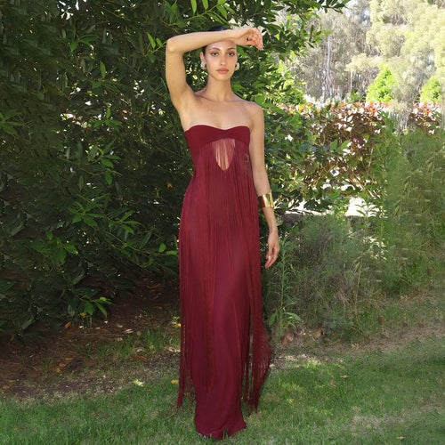 Damen Elegantes Maxi-Kleid mit Fransen und tiefem Ausschnitt Drune