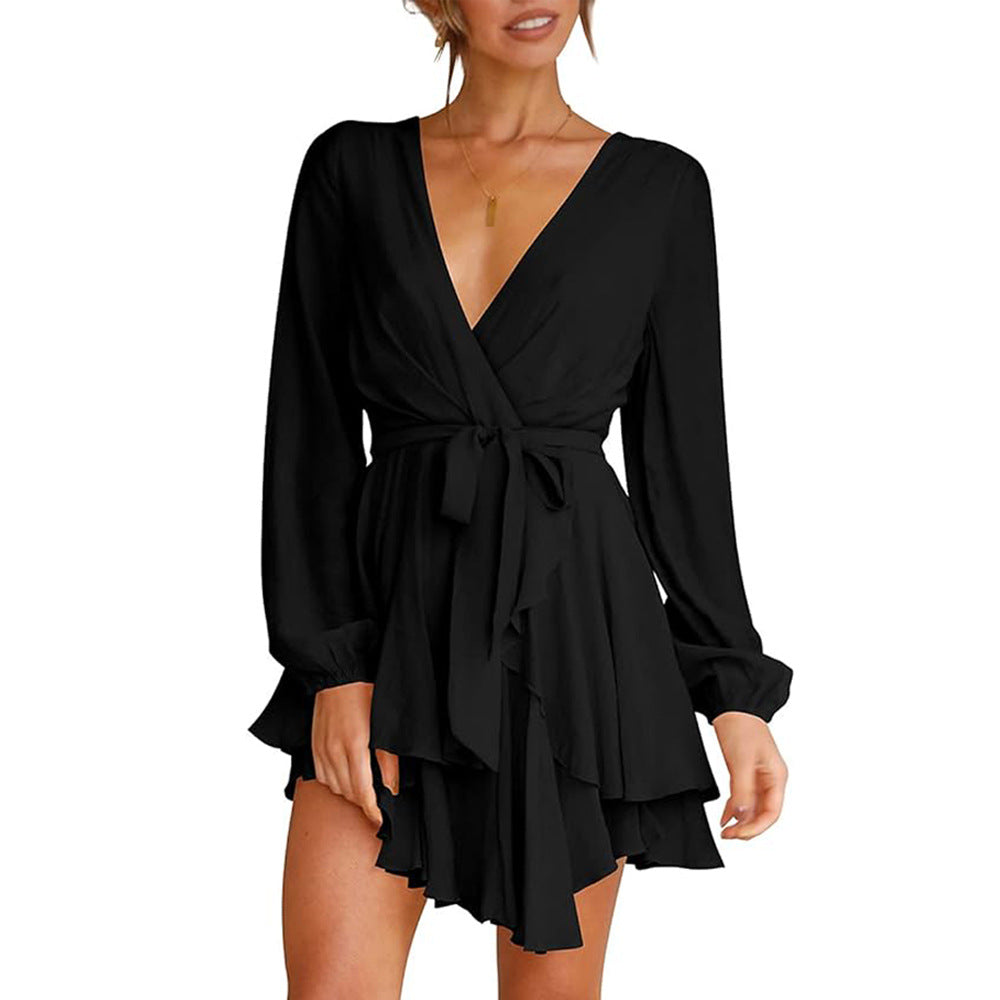 Damen Wickelkleid mit langen Ärmeln und verspieltem Volant Drune