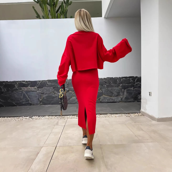 Damen Cropped Sweatshirt und Midirock Set Drune