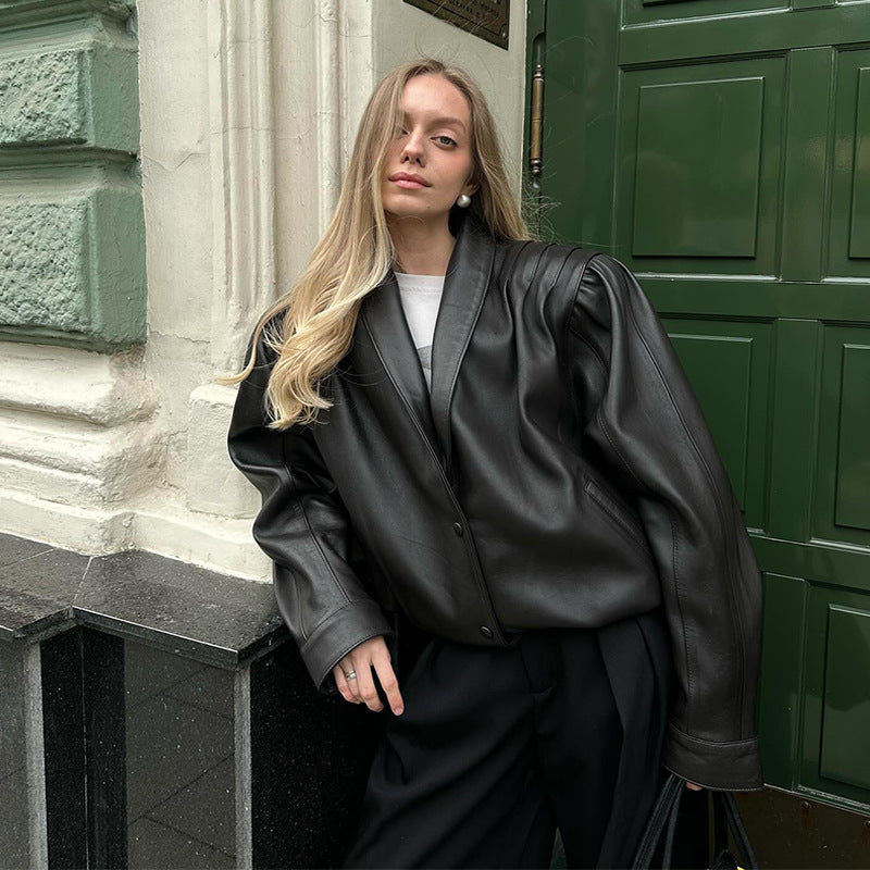 Damen Modische Lederblazerjacke mit Puffärmeln Drune