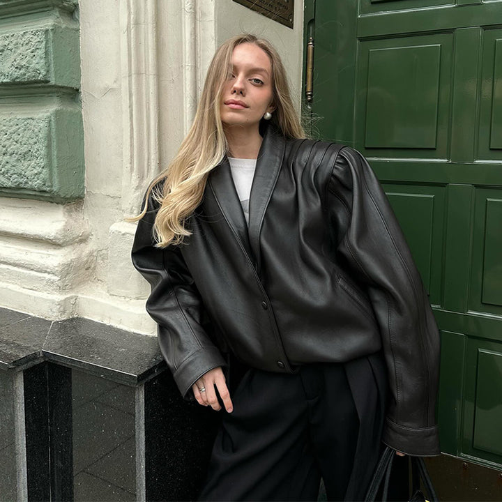 Damen Modische Lederblazerjacke mit Puffärmeln Drune