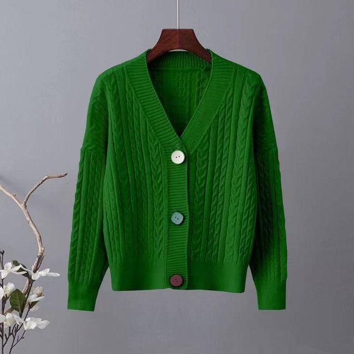 Damen Grobstrickjacke mit V-Ausschnitt und dekorativen Knöpfen Drune