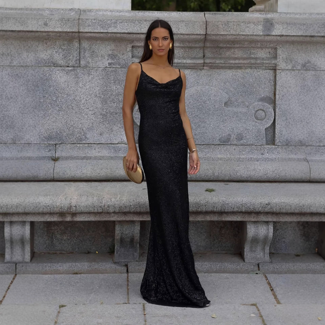 Damen Glamouröses Abendkleid mit tiefem Rückenausschnitt und schimmerndem Material Drune