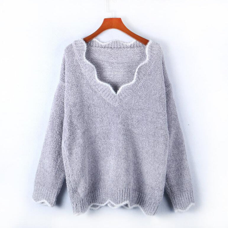 Damen weicher Strickpulli mit V-Ausschnitt und welligem Saum Drune