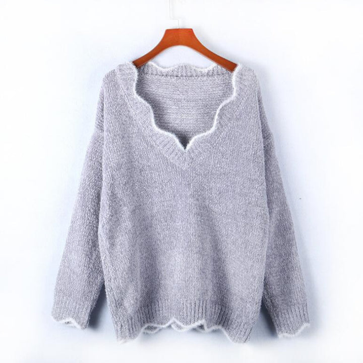 Damen kuscheliger Strickpullover mit tiefem V-Ausschnitt und gewellten Abschlüssen Drune