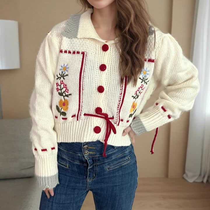 Damen Strickjacke mit Blumenstickerei und modernem Kordelzug Drune