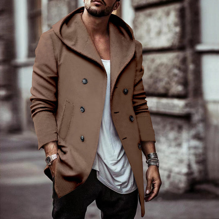 Herren stylischer Hoodie-Mantel mit doppelter Knopfreihe und weitem Kragen Drune