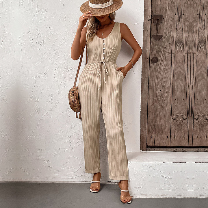Damen Bequemer Bindegürtel Jumpsuit mit feinen Streifen Drune